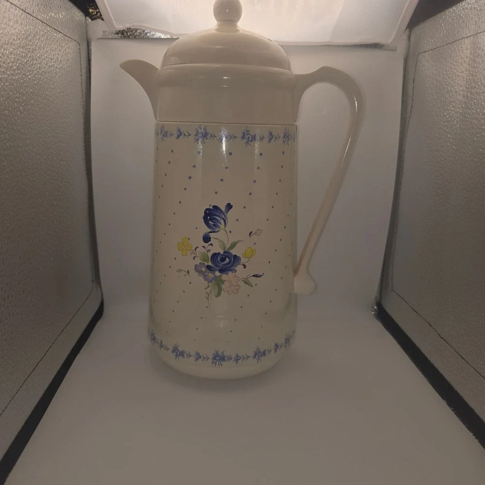Vintage Nikko Ceramics Thermal Carafe Blue Floral Polka Dot Insulated Pitcher